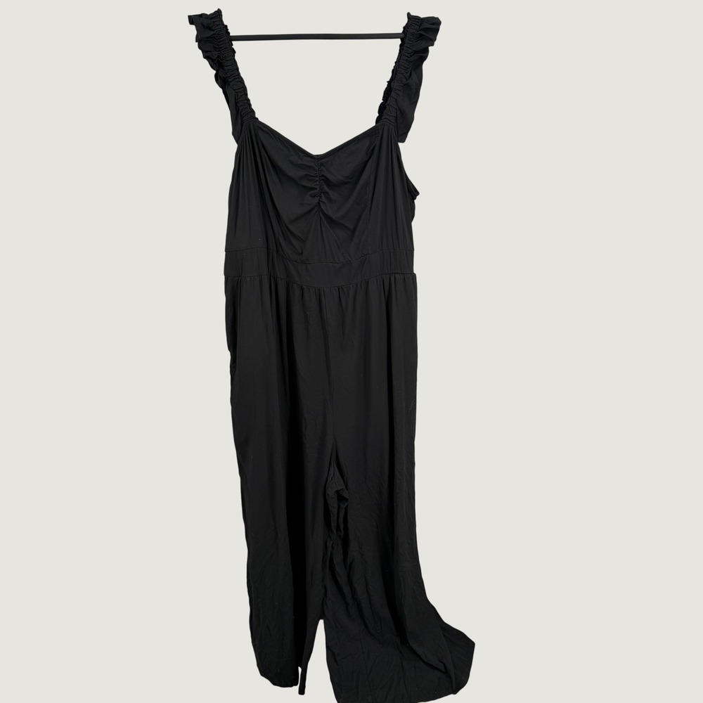 Torrid Black Wide Leg Jumpsuit Size 3X Plus Ruffle Strap Rayon Stretch Romper